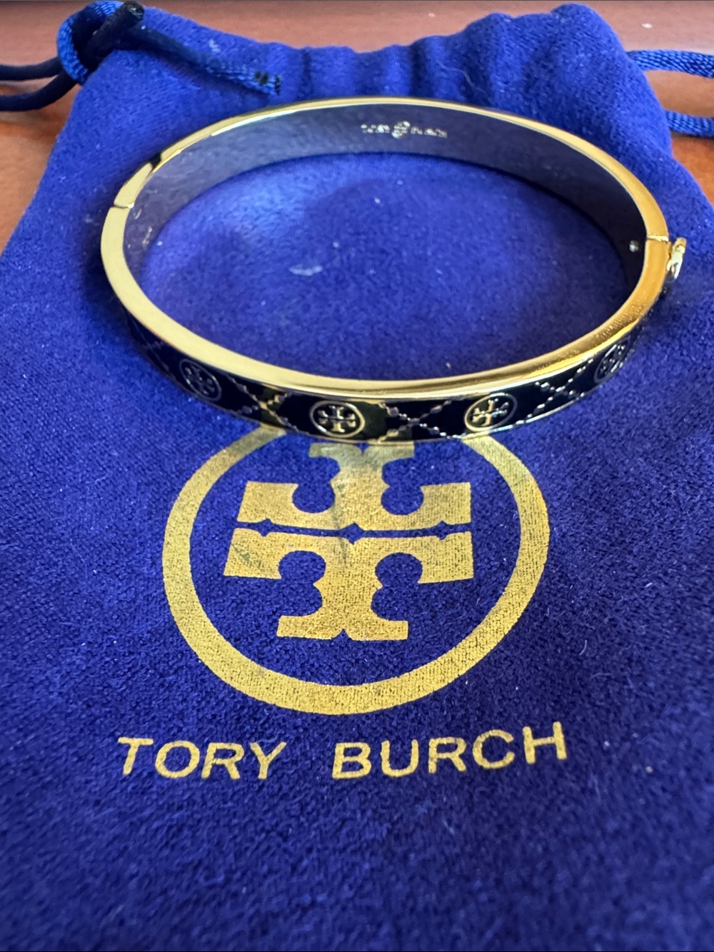 Tory Burch Black Gold-Tone with Black Enamel Logo Latch Bangle Bracelet NEW $189